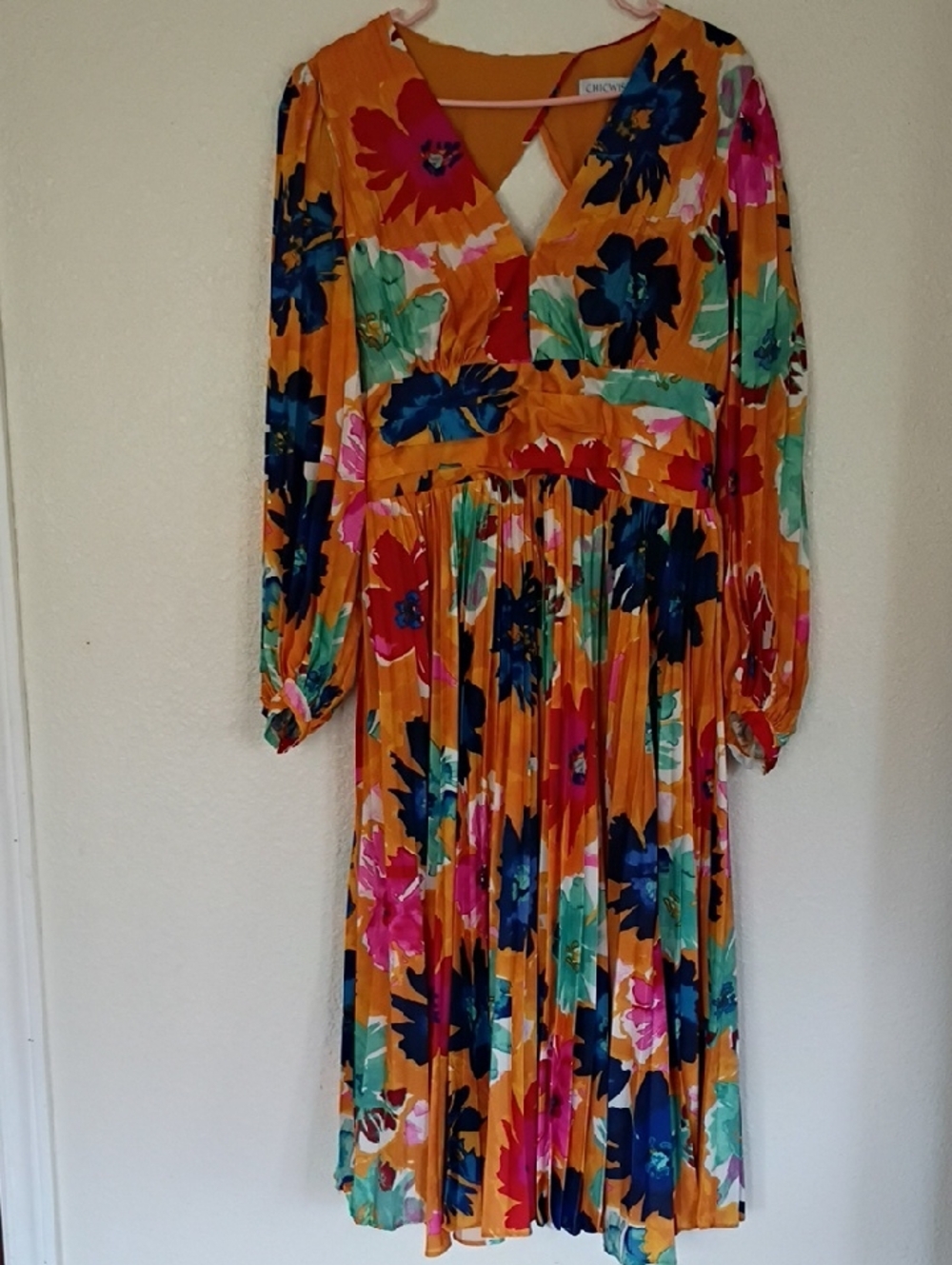 Chicwish Mustard Floral Pleated Midi Dress with Multicolor Blooms